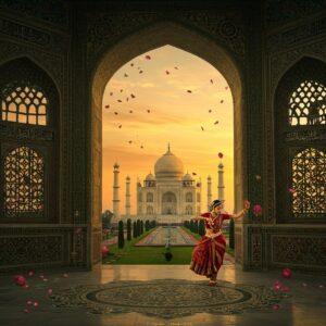 A majestic scene blending Mughal and Hindu architectural elements, featuring the iconic Taj Mahal silhouetted against a warm sunset sky in rich saffron and deep blue tones. In the foreground, an intricate marble jali pattern transforms into flowing Madhubani art motifs. A graceful Indian woman in a traditional silk gharara, adorned with delicate gold jewelry, performs a classical Kathak dance pose. The scene is decorated with detailed Persian-style arabesque patterns, miniature painting influences, and floating lotus flowers. Ornate Mughal-style archways frame the composition, their surfaces adorned with inlaid precious stones and calligraphy that dissolves into traditional Indian rangoli patterns. Ethereal golden light streams through the archways, illuminating delicate marble carvings and geometric Islamic patterns that seamlessly blend with Hindu mandalas. The atmosphere is dreamlike, with soft-focusing effects and floating rose petals. The color palette includes deep emerald greens, royal blues, rich golds, and marble whites, all rendered in a sophisticated digital art style that combines photorealism with traditional Indian art sensibilities.