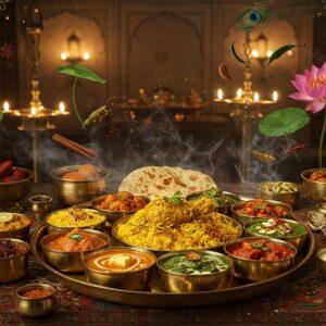 A grand feast scene in a luxurious Indian dining space, featuring an ornate brass thali in the center with multiple compartments filled with colorful dishes - golden butter chicken, emerald palak paneer, saffron-hued biryani, and ruby-red tandoori preparations. The thali rests on an intricately carved wooden table adorned with Madhubani-style patterns. Surrounding the main thali are smaller brass bowls containing vibrant chutneys, raitas, and pickles. Steam rises artistically from the dishes, carrying visible aromatic swirls in shades of gold and silver. Traditional spices like cardamom, cinnamon sticks, and star anise float magically around the scene, creating a mystical border. The background features a wall with traditional Indian architectural elements merged with modern minimalist design, illuminated by warm, golden light from antique brass lamps. Floating lotus flowers and peacock feathers add ethereal elements, while delicate mandala patterns in glowing gold outline the composition. The scene is captured in a photorealistic style with magical realism elements, deep rich colors, and dramatic lighting that emphasizes the textures and steam.