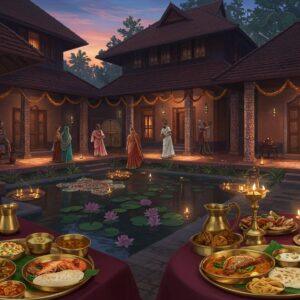 A vibrant evening scene of an ancient Muziris spice market transformed into a modern dining courtyard, featuring traditional Kerala architecture with sloping terracotta-tiled roofs and wooden pillars adorned with intricate Madhubani-style patterns. In the foreground, a beautifully arranged dining table set with brass plates containing colorful Kerala cuisine - meen curry, appam, and fresh seafood. Warm golden lanterns cast a ethereal glow across the scene, highlighting intricate kolam patterns on the floor. To the side, a luxurious boutique heritage homestay facade with characteristic Kerala architecture, featuring ornate wooden windows and a traditional poomukham (entrance). Floating lotuses and oil lamps in a small pond reflect the sunset light. Indian guests in modern clothing enjoying the ambiance, while spice garlands and banana leaves create natural decorative elements. The scene combines deep maroons, peacock blues, and warm gold tones, rendered in a style merging traditional Pattachitra art with modern digital aesthetics. Ethereal, dreamy lighting bathes the scene in a warm, welcoming glow.