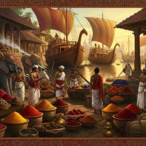 A historically accurate ancient Indian port scene of Muziris, featuring majestic wooden ships with distinctive curved prows and colorful silk sails in deep reds and golds. In the foreground, detailed merchant stalls showcase mounds of vibrantly colored spices - saffron orange, turmeric yellow, and deep red chilis. Indian traders in traditional Chera dynasty clothing (white mundu with gold borders) bargain with Roman merchants in togas, while Arab traders in flowing robes examine pepper and cardamom. The scene is rendered in rich Pattachitra art style with intricate border patterns of lotus and peacock motifs. Golden light bathes the scene, highlighting spice-laden brass vessels and earthen pots. Background shows traditional Kerala architecture with sloped tiled roofs and wooden pillars. Ethereal smoke from incense creates a mystical atmosphere, while painted elephants adorned with bells and decorative cloths carry spice cargo. The water reflects golden hour light, creating a dreamlike quality. Perspective should be elevated to show the bustling port's grandeur. Style combines hyperrealistic details with traditional Indian art elements, emphasized by deep jewel tones of peacock blue, royal purple, and burnished gold.