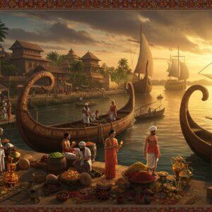 A majestic aerial view of ancient Muziris port at sunset, featuring traditional Kerala-style wooden ships with distinctive curved prows adorned with intricate Malabar craftsmanship. In the foreground, a detailed marketplace scene with merchants in ancient Keralan attire trading spices, gold, and precious gems. The scene includes Roman traders in togas, Arab merchants in traditional middle-eastern garments, and local Malayalam traders in mundus. Scattered around are authentic spice barrels, ceramic urns, and golden artifacts. The background shows grand teak warehouses with sloped Kerala-style architecture, coconut palms, and Chinese fishing nets silhouetted against a warm golden sky. The water reflects golden-orange hues with small fishing boats. The scene incorporates Madhubani-style decorative patterns in the border, featuring peacocks, lotus motifs, and spice trade elements. The lighting is dramatic with rays of sunlight filtering through clouds, creating a mystical atmosphere. The color palette includes deep maritime blues, burnt oranges, rich browns, and gold accents. The style merges hyperrealistic architectural details with ethereal Indian artistic elements, rendered in high-quality digital art with atmospheric perspective.