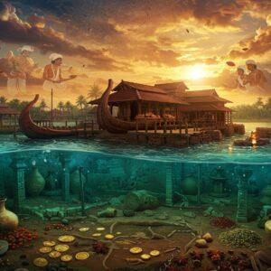 A mystical aerial view of an ancient Indian port city at sunset, featuring traditional Kerala-style wooden ships with curved prows docked at stone-built harbors. In the foreground, intricately detailed archaeological excavation sites revealing Roman gold coins, ancient pottery, and spice trade artifacts in rich earth tones. The scene is split between underwater and surface elements, with submerged ancient structures visible through crystal-clear turquoise waters. Ethereal golden light bathes the scene, creating a magical atmosphere. Traditional Malayali architecture with sloped terracotta roofs and wooden pillars emerge from the excavation, decorated with detailed Madhubani-style patterns. Hovering translucent ghost images of ancient traders in traditional Indian and Roman attire conducting trade. Scattered spices like black pepper and cardamom in golden vessels. The composition features intricate mandala patterns in the sky, merging with clouds in deep saffron and peacock blue hues. The scene is rendered in a fusion of hyperrealistic digital art with traditional Kerala mural painting style, emphasizing both historical accuracy and spiritual mysticism. Soft glowing orbs of light illuminate key archaeological findings.