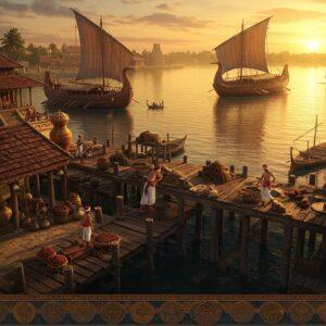 A breathtaking aerial view of an ancient Indian port city at golden sunset, featuring traditional Kerala-style wooden trading ships with curved prows and billowing sails in rich spice-gold colors. The foreground shows intricate dock structures made of aged wood and stone, adorned with traditional Malayalam architectural elements. Ancient spice traders in detailed period-accurate clothing (1st century CE) are seen handling exotic cargo - cinnamon rolls, pepper sacks, and golden vessels. The scene is dotted with distinctive Kerala architecture including sloped terracotta-tiled roofs, wooden pillars, and ornate temples. Chinese silk banners and Roman amphoras visible among the trade goods. The water reflects the warm sunset in peacock blues and deep purples, creating a ethereal glow. The composition includes delicate Madhubani-style border patterns featuring waves, ships, and spice motifs in gold and deep marine blues. Soft atmospheric lighting bathes the scene in a mystical golden haze, while intricate details showcase the prosperity of ancient maritime trade. Art style should blend hyperrealistic architectural details with surreal lighting and traditional Kerala mural art elements. 8k, cinematic, detailed, majestic