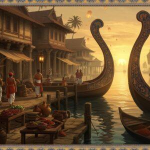 A bustling ancient Indian port scene at golden sunset, featuring traditional Malayalam-style wooden ships with distinctive curved prows adorned with intricate Pattachitra-style patterns in gold and deep blue. In the foreground, detailed merchant figures in period-accurate Chera dynasty clothing exchange exotic goods - Roman amphoras, Chinese silk, and Arabian spices displayed on ornate wooden tables. The port architecture combines Kerala's traditional wooden buildings with Roman-Greek influences, featuring carved wooden pillars and sloped tile roofs. Spice markets line the waterfront with sacks of pepper and cinnamon in rich earth tones. The scene is illuminated by warm golden light, with peacock blue waters reflecting the setting sun. Intricate Madhubani-style border patterns frame the scene, incorporating maritime motifs like waves and ships. The atmosphere is misty and mysterious, with distant palm trees and Chinese junks silhouetted against the horizon. Soft glowing lanterns dot the scene, creating pools of warm light. The art style merges hyperrealistic architectural details with ethereal lighting and traditional Indian artistic elements.
