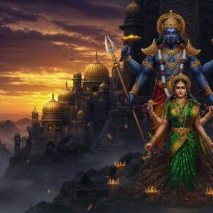A majestic, dark fortress rising from misty mountains, crafted in ancient Indian architecture with intricate gold and black detailing. In the foreground, Narakasura stands imposingly tall, depicted as a powerful asura king with blue-black skin, multiple arms holding divine weapons, adorned in ornate golden armor and a crown studded with precious gems. Behind him, the kingdom of Pragjyotishpura gleams with golden domes and towers. The scene features his mother, Bhudevi (Earth Goddess), portrayed as a beautiful Indian woman in an emerald green saree with gold borders, emerging partially from sculpted earth. Ethereal lighting casts dramatic shadows, while mystical elements like floating orbs of light and scattered lotus petals add supernatural ambiance. The sky shows a dramatic sunset in deep purples and golds, with stylized clouds in Madhubani art style. The scene includes subtle references to the 16,100 imprisoned princesses in distant palace windows. The overall composition combines traditional Indian art elements with modern fantasy art techniques, creating a rich, detailed atmosphere that hints at both power and impending doom.
