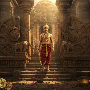 A majestic scene depicting King Narasimhadeva I in royal Kalinga attire, adorned with gold jewelry and a distinctive crown featuring the Ganga dynasty emblem, standing proudly atop the steps of the Sun Temple at Konark. He wears a rich maroon dhoti with gold embellishments and holds a golden sword. The temple's massive stone wheels and intricate carvings form an impressive backdrop, with rays of the setting sun creating dramatic shadows. The scene includes symbolic elements like prancing horses from the temple's facade, ornate Sanskrit inscriptions, and carved elephants. The artistic style combines traditional Pattachitra patterns with modern digital art techniques, featuring a rich color palette of deep gold, terracotta red, and royal blue. Ethereal light streams through the temple's columns, creating a mystical atmosphere. The foreground shows scattered lotus petals and ancient coins bearing the Ganga dynasty seal. The overall composition suggests power, architectural brilliance, and royal legacy, rendered in a hyperrealistic style with subtle fantasy elements.