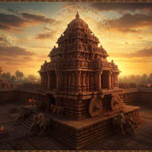 A majestic aerial view of the Sun Temple at Konark emerging from intricate Madhubani-style patterns, rendered in rich gold and deep terracotta hues. The temple's massive chariot wheels are detailed with mathematical precision, featuring elaborate carvings and astronomical symbols. The main structure is bathed in dramatic morning sunlight, casting long shadows that form geometric patterns. In the foreground, detailed stone sculptures of horses and warriors come alive with a ethereal glow. The sky features a blend of peacock blue and saffron, with stylized clouds reminiscent of Pattachitra art. Mandala-like sun rays emanate from behind the temple, creating a divine atmosphere. The scene is framed by traditional Eastern Ganga dynasty motifs and architectural elements floating in space. The lighting emphasizes the intricate stone workmanship, with subtle golden highlights on the carvings. The entire composition has a surreal, photorealistic quality while maintaining traditional Indian artistic elements, with floating lotus flowers and spiritual symbols adding to the mystical atmosphere.