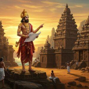 A majestic portrait of Narasimhavarman I in regal Pallava attire, adorned with gold jewelry and crown, standing atop the Shore Temple of Mahabalipuram during sunset. The king holds architectural plans in one hand and points towards partially carved rock temples with the other. Behind him, skilled artisans chisel intricate reliefs into massive granite stones. The scene features multiple levels of rock-cut temples emerging from cliffs, with the famous Arjuna's Penance panel visible in the background. Golden-orange sunlight bathes the scene, casting dramatic shadows across the ancient stone structures. Ethereal blue mist surrounds the temple spires. Details include traditional Pallava architectural elements like lion pillars, mandapas, and rathas. The artwork combines hyperrealistic texturing of the stone sculptures with mystical elements like glowing mandalas floating around the temples. The color palette features rich earthy browns, golden yellows, deep greys of granite, and touches of spiritual blue auras. Style merges traditional Indian temple art with modern digital fantasy aesthetics, high-quality photorealistic rendering with dramatic lighting.