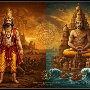 A majestic split-screen composition showing two regal Indian kings in traditional Pallava royal attire, adorned with gold jewelry and crowns. On the left, Narasimhavarman I stands fierce in battle pose with sword, wearing tiger-skin cloak, against the backdrop of the battle-scarred Vatapi (modern Badami). On the right, Narasimhavarman II in peaceful meditation pose surrounded by architectural tools and miniature temples, with the magnificent Shore Temple of Mahabalipuram behind him. The scene is rendered in rich gold, saffron, and deep blue tones with intricate Pallava-era patterns and motifs. A stylized sun mandala bridges both scenes, with carved lions (Pallava emblem) at its center. Mythical makara creatures and flowing waves at the bottom represent maritime trade. The art style merges traditional Indian temple relief work with modern digital art techniques, featuring dramatic lighting, depth, and atmospheric perspective. The background includes detailed architectural elements showing evolution from Mamalla to Rajasimha style. Sanskrit inscriptions float ethereally as golden light particles.