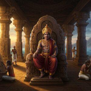A majestic scene depicting Narasimhavarman II in royal Pallava attire, wearing an ornate golden crown with precious gems, seated on an intricately carved stone throne within the Shore Temple of Mahabalipuram. The king wears traditional silk dhoti in deep maroon with gold embellishments, adorned with period-accurate jewelry. The architectural backdrop showcases the distinctive Pallava style with detailed rock-cut sculptures and mandapas. Soft golden light filters through the temple pillars, creating dramatic shadows. In the foreground, master sculptors work on granite, carving intricate reliefs. The ocean is visible in the background through the temple windows, with ships suggesting maritime trade. The scene incorporates Pallava motifs like lions and lotuses in the architectural details. The artwork style blends traditional Pattachitra techniques with modern digital art, using a rich color palette of deep blues, golds, and earthy browns. Ethereal glowing elements highlight the temple's spiritual significance, while maintaining historical accuracy in architecture and costumes. The composition should be photo-realistic with subtle mystical elements.