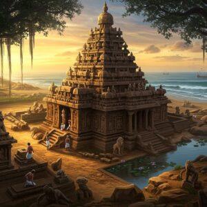 A majestic aerial view of the Shore Temple at Mahabalipuram illuminated by golden sunset light, rendered in intricate Pallava architectural style with detailed granite carvings. The temple rises dramatically from a mystical mist, with its pyramidal towers adorned with miniature shrines and sculptures. In the foreground, master craftsmen in traditional 7th-century Pallava attire are shown working on intricate stone carvings, their tools gleaming with golden highlights. The scene is framed by ancient banyan trees with flowing roots, while sacred lotus ponds reflect the temple's grandeur. Ethereal blue-gold light bathes the scene, creating a divine atmosphere. The composition includes detailed reliefs of lions, elephants, and mythological figures characteristic of Pallava architecture. In the background, the Bay of Bengal's waves crash against the shore, with merchant ships of the period visible on the horizon, suggesting the maritime glory of the Pallava dynasty. Art style combines hyperrealistic architectural details with mystical Indian traditional art elements, featuring a rich color palette of deep gold, weathered granite gray, ocean blue, and warm sunset oranges.