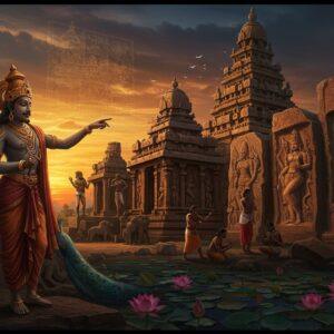 A majestic temple complex inspired by the Shore Temple of Mahabalipuram emerges against a dramatic sunset sky, rendered in rich gold and deep indigo hues. In the foreground, a regal figure of Narasimhavarman II stands tall, wearing an ornate crown and royal Pallava attire with intricate jewelry. He gestures towards artisans and sculptors working on elaborate stone carvings. The scene includes partially completed rock-cut sculptures, showing the transition from raw stone to finished art. Dancing apsaras and celestial beings are depicted in mid-carving on the temple walls. The background features a grand architectural blueprint etched in golden light, floating ethereally. Soft mystical light illuminates the sculptors' work, while peacocks and lotus motifs adorn the temple's features. The art style combines traditional Pallava period architectural details with modern digital art techniques, using a color palette of deep maroons, gold, and peacock blue. The scene is framed by blooming lotus flowers and traditional South Indian architectural motifs, with subtle mandala patterns in the sky. Hyperrealistic digital art style with atmospheric lighting and careful attention to historical accuracy in clothing and architectural details.