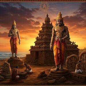A majestic scene depicting Narasimhavarman I in royal Pallava attire (golden crown, jeweled necklaces, silk dhoti) standing atop the iconic Shore Temple at Mahabalipuram during sunset. His figure is portrayed in traditional Indian artistic style with intricate details. The temple architecture behind him shows detailed rock-cut sculptures, mandapas, and rathas in Dravidian style. The sky features a dramatic gradient of deep orange to purple, with golden rays illuminating the temple spires. In the foreground, skilled artisans are carved in Madhubani style, working on stone sculptures. The scene includes floating mandalas and spiritual symbols in soft gold and blue hues. The ocean beside the temple reflects the sunset creating a mirror effect. The entire composition is framed by ornate Pallava-era patterns and motifs in rich maroon and peacock blue. The lighting emphasizes the grandeur of the architecture while maintaining a surreal, ethereal quality through glowing elements and soft pastels in the background.