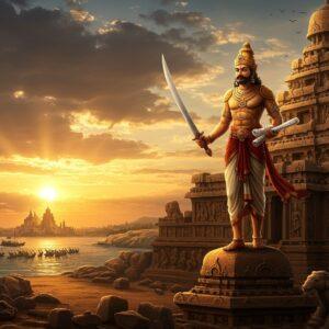 A majestic Indian warrior king Narasimhavarman I in ornate Pallava-style armor and crown, standing atop the magnificent Mahabalipuram Shore Temple during sunset. He holds a gleaming sword in his right hand and architectural plans in his left, symbolizing his warrior and builder nature. The scene features intricate Pallava architecture with detailed stone carvings and sculptures in the background. A battle scene showing the naval fleet fighting against the Chalukyas is depicted in a stylized manner in the distance. The lighting is dramatic with golden-orange hues highlighting the temple's granite structure. The composition includes symbolic elements like roaring lions (the Pallava emblem), rock-cut elephants, and peaceful Buddhist influences. The art style combines traditional Indian Pallava period stone carving aesthetics with modern digital art techniques, featuring rich colors of deep gold, royal blue, and earthen browns. Ethereal light rays pierce through clouds, creating a divine atmosphere. The scene should have a sense of historical grandeur while maintaining artistic sophistication.