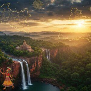 A stunning aerial view of Chhattisgarh's landscape at golden hour, featuring the iconic Chitrakote Falls (India's Niagara) in the foreground with crystalline water cascading down red sandstone cliffs. The scene transitions into dense Sal forests and rolling hills of Maikal range. Traditional Bastar tribal art patterns and motifs float ethereally in the sky like constellations, rendered in glowing gold and deep maroon. The foreground showcases intricate Madhubani-style illustrations of tribal dancers in traditional Chhattisgarhi attire performing Panthi dance, their movements creating flowing patterns. The ancient Bhoramdeo Temple emerges from morning mist in the middle ground, its intricate carvings highlighted in warm sunlight. A stylized map of Chhattisgarh forms in the clouds, with major districts subtly outlined in shimmering gold threads. The color palette features deep forest greens, earthy browns, golden yellows, and rich maroons. The image should blend photorealistic elements with surreal, ethereal digital art style, emphasizing both natural beauty and cultural heritage. Lighting should be dramatic with rays of sunlight breaking through clouds, creating a mystical atmosphere.