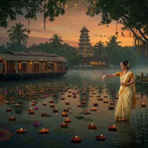 A serene aerial view of Kerala's backwaters at twilight, with a traditional wooden houseboat adorned with intricate Malayali patterns floating on mirror-like waters. In the foreground, a young Indian woman in an ivory Kerala kasavu saree performs a graceful Bharatanatyam mudra. The scene is illuminated by dozens of brass nilavilakku (traditional oil lamps) floating on lotus leaves. The background features the distinctive architecture of Kerala temples with gold-plated dwajasthambams (flagposts) and copper-covered shrine towers. Ethereal mist surrounds the ancient banyan trees draped with prayer threads. The sky shows a gradient from deep indigo to soft orange, with delicate golden mandala patterns overlaying the clouds. The lighting is mystical, combining warm temple lights and cool moonlight. The composition includes subtle elements like coconut palms, burning incense trails, and elaborate kolam patterns on the shoreline. Art style merges hyperrealistic digital painting with traditional Kerala mural art techniques, emphasizing rich jewel tones of emerald, gold, and deep burgundy. The overall mood is deeply spiritual and inviting, with a dreamy, ethereal quality.
