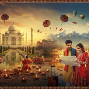 A majestic panoramic scene showcasing iconic North Indian landmarks seamlessly blended together: the Taj Mahal with its pristine white marble glowing in golden sunrise light, flowing into the ghats of Varanasi with floating diyas, transitioning into the snow-capped Himalayas. In the foreground, a young Indian couple in modern fusion wear (him in contemporary kurta, her in designer Indo-western dress) consulting a traditional cloth map. Traditional elements float ethereally in the air: miniature architectural motifs of havelis, intricate Rajasthani umbrellas, and delicate Kashmir chinar leaves. The scene is wrapped in warm, rich colors of saffron, deep blue, and gold. Madhubani-style patterns frame the edges, featuring peacocks and lotus motifs. Small details include: a luxury train winding through the landscape, hot air balloons in the distant sky, and subtle spice market elements with saffron and cardamom. The lighting creates a dreamy, golden hour atmosphere with gentle lens flares. The art style combines hyperrealistic digital art with traditional Indian art patterns, creating a modern yet culturally rich aesthetic.