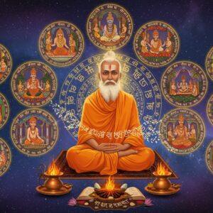 A mesmerizing Indian sage in ochre robes seated in padmasana against a cosmic backdrop, surrounded by ten concentric, glowing golden mandalas representing the Rigveda's structure. Each mandala contains intricate Madhubani-style patterns with miniature scenes of ancient rishis, vedic rituals, and sacred ceremonies. The central figure radiates divine light, with ethereal Sanskrit verses flowing like ribbons of light around him. Floating crystals and sacred geometrical patterns in deep indigo and saffron hover in the space. The background features a gradient from deep midnight blue to cosmic purple, with subtle star-like dots representing the vast knowledge of the vedas. Traditional elements like copper kalash, sacred fire, and lotus flowers are arranged in mathematical precision, suggesting divine order. The lighting is otherworldly with golden rays emerging from the sage's meditation, illuminating ancient scrolls that spiral through the composition. Art style combines hyperrealistic digital painting with traditional Indian miniature art techniques, emphasizing both spiritual depth and cosmic grandeur. The scene should have a sense of timeless wisdom and divine revelation.