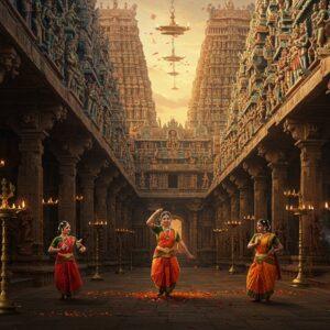 A majestic wide-angle scene depicting a grand Dravidian-style temple complex from Madurai's Meenakshi Amman Temple, with its iconic gopurams adorned with intricate, colorful sculptures of deities and mythological figures. The foreground shows classical Bharatanatyam dancers in vibrant silk costumes performing against elaborately carved pillared halls. Rich details of Nayak-era architectural elements including the Thousand Pillar Hall with its ornate sculptures. The scene is illuminated by traditional brass oil lamps creating a warm, golden glow, casting intricate shadows on the stone floors. Multiple layers of detailed architectural elements receding into the background, with floating mandalas and stylized lotus motifs in deep maroon, saffron, and peacock blue. The aesthetic merges hyperrealistic architectural details with ethereal lighting effects, incorporating both Madhubani and Pattachitra art styles in the decorative elements. The scene includes delicate floating flower petals and subtle smoke from incense, creating a mystical atmosphere. The color palette focuses on rich golds, deep reds, and royal blues, with hints of emerald green in the traditional textile details.