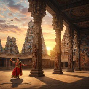 A majestic wide-angle view of a grand Nayak-era temple complex at sunset, featuring multi-tiered gopurams adorned with intricate, colorful sculptures of deities and mythological scenes. The foreground showcases detailed mandapams with ornate pillars decorated with charging yalis and dancing figures. A beautiful Indian woman in a traditional silk saree performs a classical dance pose near an enormous musical pillars, her silhouette casting long shadows. The scene includes signature Nayak architectural elements like the thousand-pillared halls and rampant horse pillars. The lighting is dramatic with golden-hour sunlight filtering through the pillars, creating a mystical atmosphere. The sky features soft pastel clouds with peacock blues and coral pinks. In the background, visible are elaborate wall paintings in vibrant natural pigments depicting scenes from Hindu epics. The overall composition combines photorealistic architectural details with ethereal lighting and surreal elements like floating lotus petals and subtle golden mandala patterns in the sky. The art style merges traditional Indian architectural documentation with modern digital art techniques, emphasizing the grandeur and sophistication of Nayak craftsmanship.