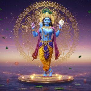 A serene, luminous visualization of Lord Krishna in his divine blue form, standing gracefully on a modern, minimalist lotus platform floating above cosmic waters. He wears a contemporary-styled silk dhoti with intricate golden threadwork, and his traditional peacock crown is reimagined with sleek geometric patterns. His four hands hold the iconic symbols - the conch shell emanating divine sound waves, the Sudarshan chakra with modern energy patterns, a stylized lotus flower, and his signature flute. Behind him, a massive abstract mandala in gold and peacock blue creates a halo effect, incorporating both traditional Vaishnava symbols and contemporary sacred geometry. The background features a gradient of deep purples transitioning to soft pastels, with subtle floating Tulsi leaves and modern interpretations of traditional Vaishnava tilak marks. Ethereal light particles and golden energy streams flow throughout the composition. The lighting is otherworldly, with a combination of cool moonlike glow and warm golden highlights. Art style merges traditional Indian Miniature painting techniques with modern digital art, creating a harmonious blend of ancient and contemporary aesthetics. 8k resolution, highly detailed, cinematic lighting.
