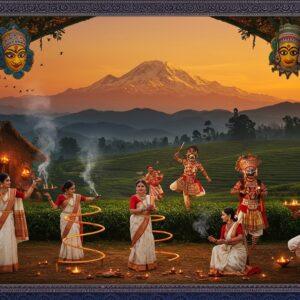 A mesmerizing scene of a traditional North Bengal village during Durga Puja, with the majestic Kanchenjunga mountains in the background glowing in sunset colors. In the foreground, a group of Bengali women in white sarees with red borders perform the graceful Dhunuchi dance, creating spirals of incense smoke. The scene features intricate Madhubani-style border patterns with peacocks and lotus motifs in deep indigo and gold. Traditional bamboo crafts and colorful masks from Gomira dance hang from an ornate archway. Tea gardens stretch into the distance, their emerald leaves contrasting with the warm orange sky. Masked Chhau dancers in elaborate costumes perform in the middle ground, their dynamic poses frozen in motion. The lighting is magical, with floating diyas creating golden orbs of light, while strings of fairy lights add a modern touch. The overall composition combines photorealistic details with ethereal, surreal elements, rendered in a style blending traditional Indian art with contemporary digital techniques. The atmosphere captures both festive energy and spiritual serenity with rich, jewel-toned colors dominating the palette.