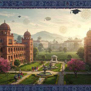 A grand, architecturally stunning university campus in North Bengal with traditional Bengali and colonial fusion architecture, featuring red brick buildings with intricate details, surrounded by lush tea gardens and the majestic Himalayas in the background. The foreground shows diverse Indian students in modern attire walking through a beautiful courtyard with ornate fountains and blooming krishnachura trees. The scene is illuminated by golden morning sunlight casting warm shadows. Traditional Madhubani-style decorative elements frame the scene, featuring intricate patterns in deep blue and maroon. Modern elements like glass buildings and tech labs blend seamlessly with heritage structures. The atmosphere captures both academic sophistication and natural beauty, with misty mountains, floating lotus patterns, and subtle mandala designs in the sky. The lighting creates a dreamy, aspirational quality while maintaining photorealistic details. Include elements like laboratory equipment, books, and graduation caps subtly integrated into the decorative patterns.
