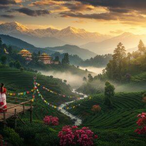 A breathtaking panoramic view of North Bengal's landscape at golden hour, featuring mist-covered tea gardens in emerald green stretching into the distance. In the foreground, a traditionally dressed Bengali woman in a red-bordered white saree stands on a wooden viewing platform, her hair flowing in the wind. The majestic Kanchenjunga mountain range forms the backdrop, its snow-capped peaks glowing with soft pink and golden hues. Traditional Buddhist prayer flags flutter in the breeze, creating colorful streams across the scene. Hidden monasteries with intricate Tibetan architecture nestle among the hills, their golden spires catching the light. A flowing mountain stream with crystal-clear water winds through the landscape, bordered by blooming rhododendrons in deep reds and pinks. Ethereal rays of sunlight pierce through monsoon clouds, creating dramatic god rays. The scene combines photorealistic details with mystical Madhubani-style patterns in the clouds and foliage. The color palette features deep greens, misty blues, golden yellows, and earthy browns, with pops of red and saffron. Style: cinematic, atmospheric, hyper-detailed digital art with subtle traditional Indian art influences