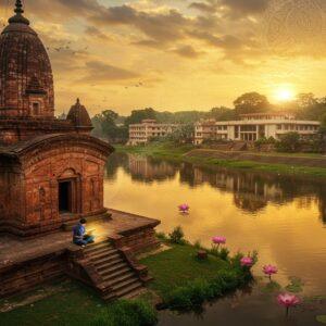 A majestic aerial view of North Guwahati, showcasing the historic Aswaklanta Temple on the banks of the mighty Brahmaputra River, with its traditional Ahom architecture in weathered red bricks. In the foreground, a young Indian student in modern attire (navy blue uniform) sits cross-legged on ancient temple steps, reading from a tablet that emits a soft golden glow. The background features the modern buildings of Gauhati University North Campus emerging from lush green foliage. The scene is rendered in rich, deep colors - maroon temple stones, peacock blue river waters, and saffron sunset sky. Intricate Madhubani-style patterns float in the air like translucent veils, connecting the temple to the university buildings. Traditional Assamese motifs like the jaapi (traditional hat) and gamosa patterns are subtly integrated into the architecture. The lighting is ethereal, with golden hour sun rays filtering through clouds, creating a harmonious blend of ancient and modern. Lotus flowers float on the river surface, their petals reflecting the sunset. The composition emphasizes the seamless fusion of education and heritage through surreal, digitally enhanced traditional Indian art style.