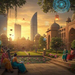 A grand architectural vista showcasing a blend of modern and traditional Indian university buildings, with towering glass facades alongside Indo-Saracenic domes and archways, set against a sunrise backdrop in warm oranges and golds. In the foreground, a diverse group of Indian students in modern casual wear mixed with traditional attire (kurtas, sarees) are seated on modern campus steps, surrounded by books and laptops. The scene features a sprawling campus garden with ancient banyan trees and blooming lotus ponds. Floating ethereal mandalas and geometric patterns in deep blue and gold interweave through the scene, creating educational symbols like books, graduation caps, and scientific instruments. Soft glowing lanterns and fairy lights illuminate the pathways. The lighting is warm and inspiring, with rays of sunlight filtering through the trees. The art style combines digital hyperrealism with traditional Madhubani patterns in the sky and architectural details. The atmosphere conveys both academic excellence and cultural heritage, with subtle motifs of peacocks and lotus flowers integrated into the modern campus design.