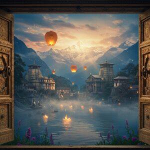 A mystical panoramic view of hidden North Indian destinations, featuring ancient stone temples emerging from misty Himalayan valleys, their spires adorned with intricate Nagara-style architecture in warm golden light. In the foreground, a beautifully detailed door frame in traditional Rajasthani haveli style, partially open, revealing a magical scene beyond. Through the doorway, floating paper lanterns illuminate a serene high-altitude lake reflecting snow-capped peaks. The scene incorporates traditional Madhubani art patterns in the clouds and water ripples. Small hidden details include a distant monastery perched on a cliff, prayer flags fluttering in the wind, and wild Himalayan flowers in vibrant purples and blues dotting the landscape. The color palette combines deep royal blues, burnt oranges, and golden yellows, with soft pastel highlights. The lighting creates a dreamy, ethereal atmosphere with god rays breaking through clouds, suggesting dawn or dusk. Art style is a fusion of hyperrealistic digital art with traditional Indian artistic elements, maintaining photographic quality while incorporating magical realism.