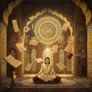 A majestic Indian library interior with ornate Mughal-style architecture, featuring towering golden archways decorated with intricate Persian calligraphy patterns. In the center, a young Indian woman in a cream silk salwar kameez sits cross-legged on a traditional floor cushion, surrounded by floating, glowing manuscripts in Sanskrit, Urdu, and Hindi scripts. Ancient scrolls and modern books spiral around her in a DNA-like helix, symbolizing the evolution of language. The scene is illuminated by warm, ethereal light filtering through jharokha-style windows. Scattered peacock feathers transform into quill pens mid-air. The background features a large, translucent mandala made of interconnected Devanagari, Persian, and Gurmukhi letters. Traditional Madhubani-style borders frame the scene with motifs of storytellers, poets, and musicians. The color palette includes deep royal blue, burnished gold, burgundy, and ivory. The atmosphere is mystical and scholarly, with swirling threads of golden light connecting different texts and manuscripts. Soft glowing orbs of light illuminate ancient poetry verses floating in the air. Digital art style merging traditional Indian miniature painting techniques with modern fantasy illustration.