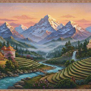 A panoramic view of majestic snow-capped Himalayan peaks at sunrise, with golden-pink light illuminating the mountains, rendered in a blend of traditional Madhubani and modern digital art style. In the foreground, a winding emerald-blue River Ganges flows through terraced valleys, decorated with intricate Indian patterns. Mid-ground features a charming hill station with Victorian-style architecture and traditional wooden cottages nestled among blooming rhododendron trees. Tiny prayer flags flutter in the wind. The scene includes small waterfalls cascading down moss-covered rocks, surrounded by dense pine forests. Mist rises from the valley, creating ethereal patterns in deep jewel tones of peacock blue and saffron. The sky features delicate mandala-inspired cloud formations in soft pastels. A traditional wooden bridge adorned with detailed carved patterns spans across the river, while a distant temple on a hillside glows with warm golden light. The entire composition is framed with ornate Himalayan flora and fauna patterns in gold filigree, creating a seamless blend of natural grandeur and cultural artistry.
