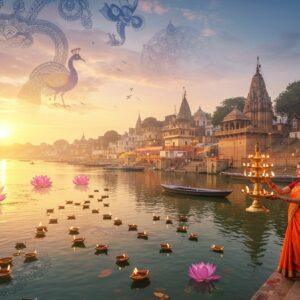 A majestic aerial view of the sacred Ganges at Varanasi during golden sunrise, with ancient stone temples and ghats rising along the riverbank in intricate Nagara architecture style. Traditional brass diyas float on the crystal-clear water, creating trails of golden light. In the foreground, a young Indian woman in a sunset orange silk saree performs aarti, holding a large ornate brass lamp with multiple flames. The scene is adorned with detailed Madhubani-style patterns in the clouds, featuring peacock motifs and geometric designs in deep indigo and gold. Soft ethereal light bathes the entire scene, creating a mystical atmosphere. The background showcases the grandeur of North Indian temples with their ornate spires reaching into a dawn sky filled with soft pastel pinks and purples. Lotus flowers in various stages of bloom float nearby, their petals rendered in delicate pastel hues. The overall composition combines photorealistic architectural details with ethereal lighting and traditional Indian art elements, creating a seamless blend of ancient spirituality and modern aesthetic sensibilities.