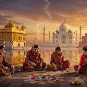 A panoramic scene of North India's iconic landmarks seamlessly blending together in a dreamy landscape, featuring the golden Harmandir Sahib reflecting in pristine waters, the magnificent Taj Mahal with intricate marble detailing, and the pink sandstone Hawa Mahal with its honeycomb windows. In the foreground, three Indian women in regional attire - one in Kashmiri Pheran with intricate embroidery, another in colorful Punjabi suit with phulkari dupatta, and third in elegant Lucknowi chikan kurta. They're creating traditional rangoli patterns using vibrant colors. The sky features warm sunset hues of saffron and deep purple, with floating mandala patterns. The scene incorporates elements of different North Indian art styles - Kangra miniature paintings' delicate lines, Madhubani's geometric patterns, and modern digital art's depth and lighting. Traditional musical instruments like sitar and tabla, and ceremonial objects like brass diyas are scattered artistically. The atmosphere is enhanced by swirling threads of incense smoke forming subtle spiritual motifs. Rendered in ultra-detailed, cinematic style with rich textures and atmospheric lighting, emphasizing both architectural grandeur and human elements.