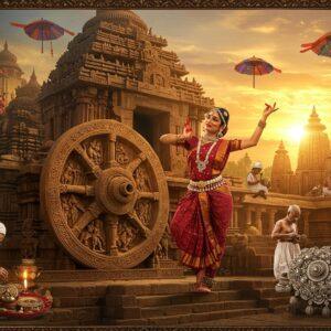 A majestic scene capturing the essence of Odisha's heritage, featuring the iconic Konark Sun Temple's intricate chariot wheel in the foreground, carved with detailed bas-reliefs of dancers and musicians, rendered in rich gold and sandstone textures. Behind it, a graceful Odissi dancer in a traditional deep maroon and gold silk saree performs the Tribhanga pose, her jewelry gleaming in the warm light. The background showcases the famous Pattachitra art style with vibrant scenes of Lord Jagannath's stories painted in traditional earth colors (red, yellow, and indigo). Flying above are intricately detailed Pipili applique work parasols in bright patterns. In the foreground, skilled artisans work on silver filigree art pieces that sparkle with ethereal light. The scene is bathed in a mystical golden hour glow, with rays of light filtering through temple architecture. The art style combines hyperrealistic details with traditional Indian miniature painting techniques, featuring rich textures, intricate patterns, and a dreamy, spiritual atmosphere enhanced by soft glowing mandalas in the sky. The color palette focuses on deep burgundy, royal blue, saffron, and gold, with accents of peacock green.