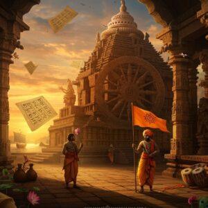 An ancient Odishan temple courtyard at sunset, with intricate Kalinga architecture carved in sandstone, featuring the iconic wheel of the Sun Temple Konark in the background emanating golden light. In the foreground, a proud Odia warrior in traditional Pattachitra style, wearing a dhoti and turban, holds the ancient Odishan flag with the chakra symbol. The scene includes traditional palm leaf manuscripts floating mystically, decorated with classical Odia scripts. The composition incorporates elements of maritime trade with ancient ships visible on a distant coastline, representing Odisha's historical maritime glory. Ethereal floating motifs of traditional Odisha dance mudras, tribal art patterns, and filigree work create a dreamy atmosphere. The color palette combines deep oranges, ochres, and teals, with accents of gold leaf details. The lighting is dramatic with divine rays filtering through temple columns, creating long shadows. The art style merges traditional Pattachitra techniques with modern digital art, emphasizing both heritage and contemporary appeal. Small details include peacocks, lotus flowers, and traditional musical instruments scattered throughout the scene.