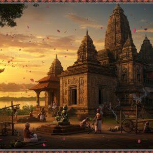 A majestic ancient Indian city at sunset, featuring a grand Kamarupa-style temple with distinctive curved shikhara towers adorned with intricate stone carvings. In the foreground, skilled artisans in traditional Assamese attire craft detailed bronze sculptures and weave silk. The temple's facade showcases elaborate reliefs depicting Buddhist and Hindu scenes in the distinctive Pala art style. The scene is illuminated by warm golden light, with floating lotus petals and incense smoke creating a mystical atmosphere. Rich architectural details include ornate pillars with bell-shaped capitals, terracotta plaques, and medallions showing celestial dancers. The background features lush tropical vegetation, with the mighty Brahmaputra River flowing serenely. Intricate Madhubani-style patterns frame the scene, incorporating traditional motifs of peacocks, elephants, and sacred geometry. The color palette includes deep maroons, rich golds, emerald greens, and royal blues. The overall composition blends photorealistic architectural details with ethereal, surreal lighting effects, creating a bridge between ancient grandeur and modern aesthetic sensibilities.