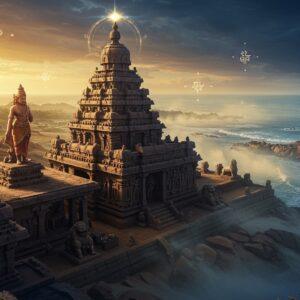 A majestic aerial view of Mamallapuram Shore Temple emerging from golden sunlit mist, with intricate Pallava-era stone carvings and sculptures in the foreground, rendered in rich deep blues and warm golds. The scene features detailed architectural elements showing the signature Pallava style - multi-tiered vimanas, elaborate reliefs, and lion pillars. A regal Indian figure in royal Pallava attire with traditional jewelry stands contemplatively, overlooking the scene. Sacred symbols like the Pallava dynasty's tiger emblem and Sanskrit inscriptions float ethereally in the misty background. The composition includes mystical elements like glowing mandalas intersecting with architectural geometry, creating a surreal atmosphere. The artwork seamlessly blends traditional Pallava art motifs with modern digital aesthetics, featuring a color palette of deep ocean blues, sunset golds, and earthy stone grays. Dramatic lighting highlights the intricate stonework while maintaining a dreamy, spiritual quality. The scene is framed by flowering lotus patterns and peacock motifs characteristic of South Indian art. Photorealistic details with hints of classical Indian painting styles, 8k resolution, cinematic lighting.