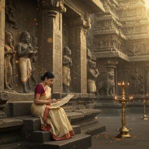 A majestic ancient Indian stone temple wall in Pallava architecture style, illuminated by golden morning sunlight, featuring intricate rock-cut reliefs and sculptures. In the foreground, a scholarly-looking Indian woman in a elegant cream silk saree with maroon border sits cross-legged on ornate stone steps, examining ancient palm leaves with Pallava inscriptions. Behind her, ethereal, translucent figures of Pallava-era scholars and scribes in period-accurate clothing appear as ghostly forms, their hands making writing gestures in the air. The scene is decorated with floating copper-gold mandalas and mystical light particles. Traditional oil lamps cast a warm glow on the weathered stone walls. The architectural details show authentic Pallava motifs - lions, makharas, and lotus medallions. The color palette focuses on earthy stone grays, warm golds, and deep copper tones. The art style combines hyperrealistic architectural details with ethereal, spiritually-inspired elements, creating a seamless blend of historical accuracy and magical realism. Soft morning mist adds depth and mystery to the background.