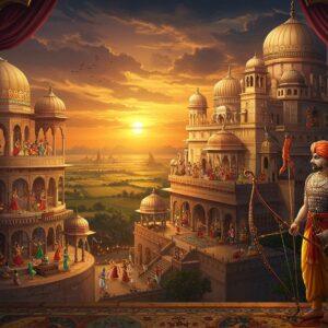 A majestic panoramic view of the ancient Panchala kingdom at sunset, featuring a grand palace with Northern Indian architecture adorned with intricate geometric patterns and gold-leafed domes. In the foreground, a noble Panchal warrior in traditional armor stands proudly, holding a ceremonial bow (reminiscent of Drupada's era), detailed with gemstones and gold filigree. The scene includes classical Indian motifs like lotus patterns and peacock designs integrated into the architecture. The landscape shows fertile plains of the Ganges-Yamuna doab with flourishing fields, reminiscent of the kingdom's prosperity. Multiple levels of the composition show various aspects of Panchala life - dancers performing in courtyard pavilions, scholars in ancient universities, and artisans crafting metal works. The sky features a dramatic gradient from deep saffron to midnight blue, with subtle Madhubani-style patterns in the clouds. The lighting is warm and ethereal, with golden rays highlighting the palace's architectural details. The art style merges hyperrealistic digital painting with traditional Indian miniature painting techniques, featuring rich colors like deep maroon, royal blue, and burnished gold. The scene is framed by ornate pillars with Sanskrit-inspired decorative elements and flowing silk banners in royal colors.