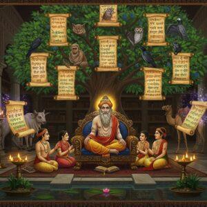 A majestic ancient Indian library setting with ornate marble pillars, where a wise-looking Vishnu Sharma sits cross-legged on an intricately carved wooden throne, surrounded by three young princes. The scene is illuminated by golden oil lamps casting warm light. In the background, a large tree of knowledge emerges, its branches forming five distinct sections representing the five books of Panchatantra. Each branch carries different animals - a lion and bull symbolizing Mitra-bheda, monkeys for Mitra-samprapti, crows and owls for Kakolukiyam, a mongoose and snake for Labdhapranasam, and a merchant with a camel for Aparikshitakarakam. The animals are rendered in Madhubani style with intricate patterns. Floating magical scrolls with Sanskrit texts transform into various international languages, shown through subtle color transitions. The entire scene is framed by peacock-blue and gold borders with traditional Indian patterns. In the foreground, a small pond reflects the entire scene with a subtle ripple effect. The art style combines hyperrealistic details with traditional Indian art elements, featuring a rich color palette of deep maroons, royal blues, and burnished golds, with ethereal glowing effects around the scrolls and tree.