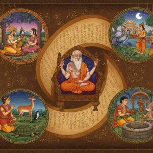 A majestic ancient Indian scroll unfurling in a spiral pattern, painted in rich gold and saffron hues, revealing five interconnected scenes from Panchatantra tales. In the center, a wise-looking Indian sage Vishnu Sharma sits cross-legged on an ornate wooden throne, surrounded by three young princes in royal attire. The scenes feature: a loyal monkey protecting a sleeping king, two wise blue-feathered cranes outsmarting a serpent, a golden deer sharing food with a crow and turtle near a serene lake, four friends (elephant, crow, mouse, and tortoise) helping each other, and a clever rabbit reflecting moonlight in a well with a proud lion looking in. Each scene flows into the next through intricate Madhubani-style borders featuring peacocks, lotus flowers, and geometric patterns. The background has a ethereal glow with soft purples and deep blues, with floating golden Sanskrit letters dissolving into sparkles. The art style combines traditional Indian miniature painting with modern digital fantasy art, featuring detailed textures and atmospheric lighting. Small glowing mandalas float around the edges, and the entire scene is framed by a pattern of intertwined banyan tree branches.