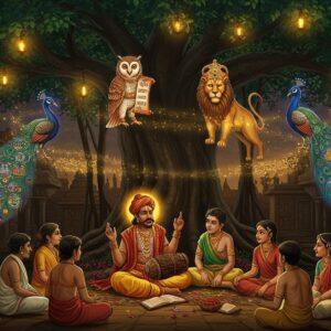 A majestic scene depicting an ancient Indian storyteller in rich traditional Karnataka attire (panche and angavastram) seated beneath a sprawling banyan tree with golden-lit leaves, narrating tales to children seated in a semi-circle. The storyteller gestures dramatically while magical, ethereal manifestations of Panchatantra characters float above - a wise golden owl with Sanskrit scrolls, a noble lion wearing a royal crown, a clever fox with glowing eyes, and two blue-feathered peacocks with elaborate tail patterns featuring miniature story scenes. The background features a Karnataka-style temple architecture with intricate Hoysala carvings. Floating mandalas with Kannada script patterns weave through the scene. The lighting is warm and mystical, with soft glowing orbs and streaming rays of golden sunlight filtering through the banyan leaves. The art style combines traditional Mysore painting techniques with modern digital art, featuring rich jewel tones of deep blue, gold, and maroon. Small details include brass oil lamps, flower garlands, and subtle sacred geometry patterns in the background.