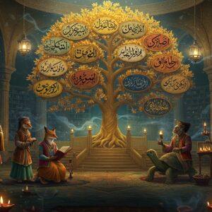 A mystical library setting with ancient Indian architecture, featuring ornate carved pillars and arches blending seamlessly with modern glass elements. In the center, a magnificent golden tree of knowledge with branches extending in five directions, each branch transforming into different cultural artistic styles - Persian miniature, Arabic calligraphy, Chinese ink painting, European medieval illumination, and traditional Madhubani. Around the tree, five anthropomorphic animal characters from Panchatantra - a regal lion in royal Indian attire, a wise owl wearing scholarly robes, a clever fox with Persian influences, a tortoise with Chinese design elements, and a monkey with Arabic styling. The scene is illuminated by floating diyas and modern pendant lights, creating a magical atmosphere with soft golden and blue hues. Ethereal wisps of colorful smoke carry subtle symbols of different writing scripts. The foreground features intricate mandala patterns merging into contemporary geometric designs. The art style combines traditional Indian miniature painting techniques with modern digital art, featuring rich jewel tones of deep blue, gold, saffron, and emerald green. Rendered in highly detailed, sophisticated digital art style with a dreamy, ethereal quality.