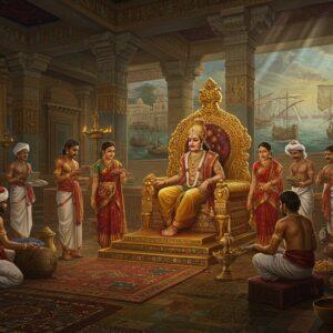 A grand, ornate Pandyan royal court scene set in a majestic throne room with soaring pillars adorned with Tamil-Dravidian architecture and intricate gold leaf patterns. The Pandyan king sits on an elevated golden throne decorated with fish emblems (the dynasty's symbol), wearing rich silk robes in deep maroon and gold, adorned with precious gems and pearls. Around him, ministers in traditional Tamil attire conduct administrative duties with palm leaf manuscripts and copper plates. The left side shows merchants trading pearls, spices, and textiles, while the right displays craftsmen working with gold and precious stones. The background features a detailed mural showing ships at the bustling Korkai port. The scene is illuminated by traditional brass lamps casting a warm, golden glow. The art style combines traditional Tanjore painting techniques with modern digital art, featuring rich colors like deep blues, burgundy, and gold. Intricate mandala patterns and Tamil motifs frame the scene, while subtle light rays filter through ornate windows, creating a ethereal atmosphere. The perspective should be slightly elevated to showcase the grandeur of the court and the bustling activities simultaneously.