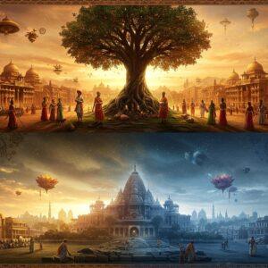 A grand architectural visualization split horizontally - the upper half showing the majestic ancient Pataliputra with gleaming golden spires, massive wooden fortifications, and the famous Mauryan palace with its 80 pillars, intricate architectural details in warm sunset colors. The lower half transitions seamlessly into modern Patna's skyline with contemporary buildings, the Gandhi Maidan, and Golghar in cool blue tones. A massive ethereal tree grows through the center, its roots spreading through modern Patna while its golden branches extend into ancient Pataliputra. Floating lotus flowers and mandalas frame the scene, with soft glowing orbs of light scattered throughout. The scene is rendered in a style blending traditional Madhubani art patterns in the ancient section with sleek digital art in the modern portion. Rich colors like deep saffron, royal blue, and burnished gold dominate, with intricate patterns adorning the borders. Ancient Indian traders, scholars, and warriors in period-accurate clothing are seen in the upper half, while modern Indian citizens in contemporary attire populate the lower half. Light rays pierce through the scene, creating a mystical atmosphere. Photorealistic details with magical realism influences, 8k resolution, cinematic lighting.