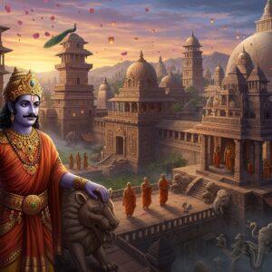 A majestic aerial view of ancient Pataliputra at sunset, with towering wooden palatial structures and Buddhist stupas emerging from morning mist. In the foreground, Emperor Ashoka stands regally in royal Mauryan attire with golden embellishments, his hand resting on the iconic lion capital. His expression is serene and compassionate, transformed from a warrior to a peaceful ruler. Behind him, Buddhist monks in saffron robes walk through ornate stone pathways, carrying sacred texts. The scene features intricate Mauryan architecture with polished stone pillars adorned with lotus motifs and dharma wheels. Soft, golden light illuminates the sprawling city, with peacocks perched on balconies. Multiple levels of architectural details show bustling marketplaces, meditation halls, and diplomatic chambers. The artwork combines Ajanta cave painting style with modern digital art techniques, featuring rich jewel tones of deep blue, royal purple, and burnished gold. Ethereal lotus petals float in the air, while carved elephants and lions stand guard at the city gates. The lighting creates a mystical atmosphere with glowing lanterns and subtle spiritual auras around the Buddhist structures.