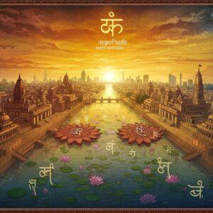A majestic aerial view of ancient Pataliputra during its golden age, rendered in rich Madhubani-inspired art style with modern digital elements. The scene shows a grand palatial complex with multiple lotus-shaped courtyards, surrounded by intricate geometric patterns in deep maroon and gold. Two timelines merge seamlessly - one side showing the ancient city with wooden fortifications and classical architecture in earthy tones, the other side depicting the modern Patna skyline in contemporary blues and silvers. Sacred lotus flowers float in the legendary River Ganga flowing through the scene, their petals transforming into Sanskrit and modern Hindi letters as they drift. The sky features a dramatic sunset in saffron and peacock blue, with subtle mandala patterns forming cloud formations. Ancient scholars and modern historians are depicted as silhouettes at opposite corners, reaching toward a central glowing symbol representing the city's name. The overall composition has a surreal, ethereal quality with soft golden light illuminating the scene, creating a bridge between past and present.