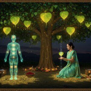 An ethereal scene featuring a majestic Peepal tree with heart-shaped leaves glowing with golden-green aura against a deep twilight sky. In the foreground, a serene Indian woman in a mint-green silk saree performs traditional Ayurvedic rituals. She's surrounded by floating Peepal leaves emitting soft healing energy in shades of emerald and gold. Crystal bowls containing Ayurvedic preparations made from Peepal leaves rest on intricate mandala patterns drawn with natural colors. Gentle streams of luminescent energy flow from the leaves towards healing points on a transparent human body silhouette, highlighting the medicinal properties. The scene is decorated with traditional Madhubani art patterns in the borders, featuring sacred geometry and healing symbols. The lighting is mystical with soft golden rays filtering through the Peepal canopy, creating a dreamy atmosphere. Rendered in high-quality digital art style with photorealistic details, merging traditional Indian art elements with modern aesthetics. The overall composition emphasizes the sacred and healing nature of the Peepal tree.